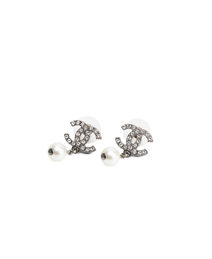 Chanel CC Crystal Pearl Drop Earrings